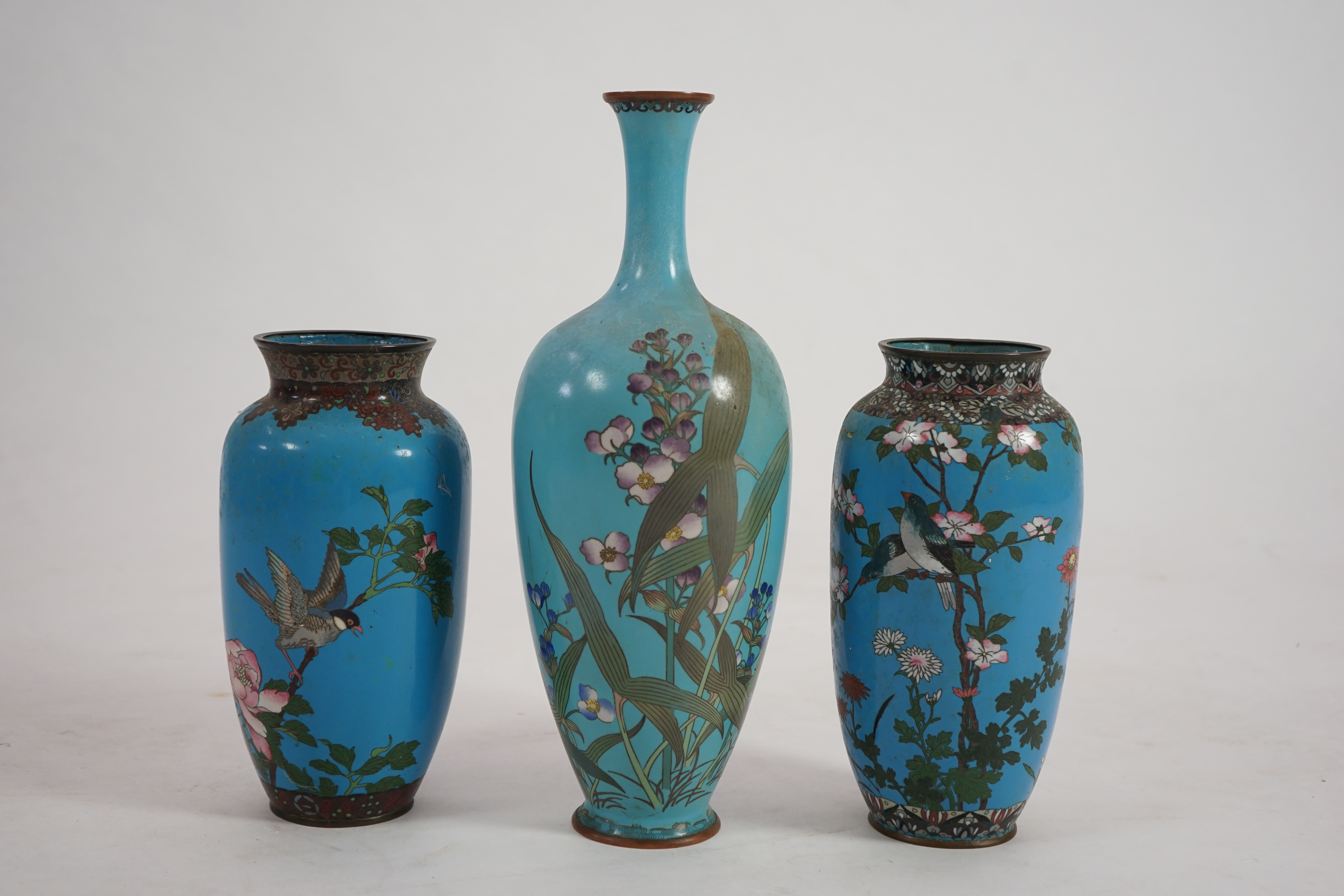 Three Japanese cloisonné vase, late Meiji period